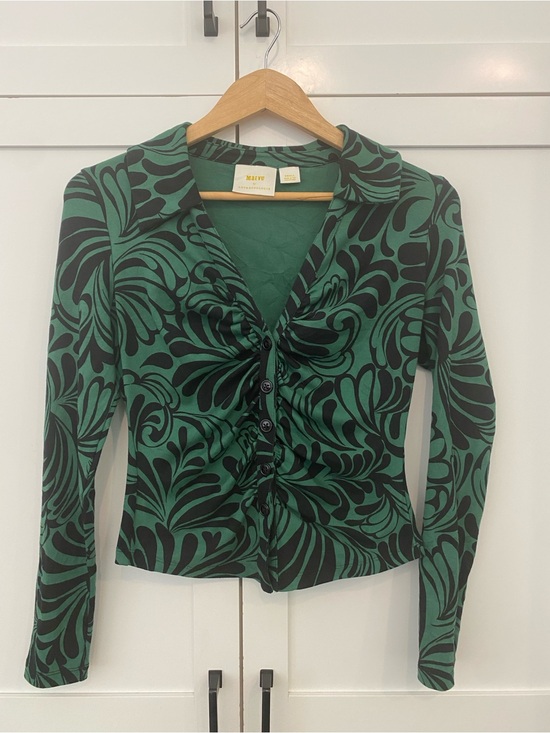 Maeve Tops - Anthroplogie Green Motif Retro Ruched Buttondown Blouse Shirt Top Long Sleeve S